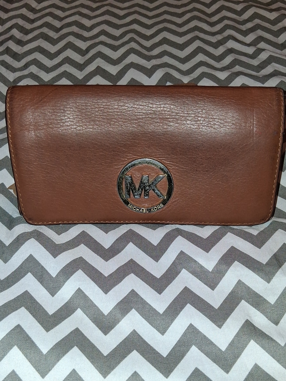 Michael Kors Brown Leather Continental Wallet with Gold MK Emblem